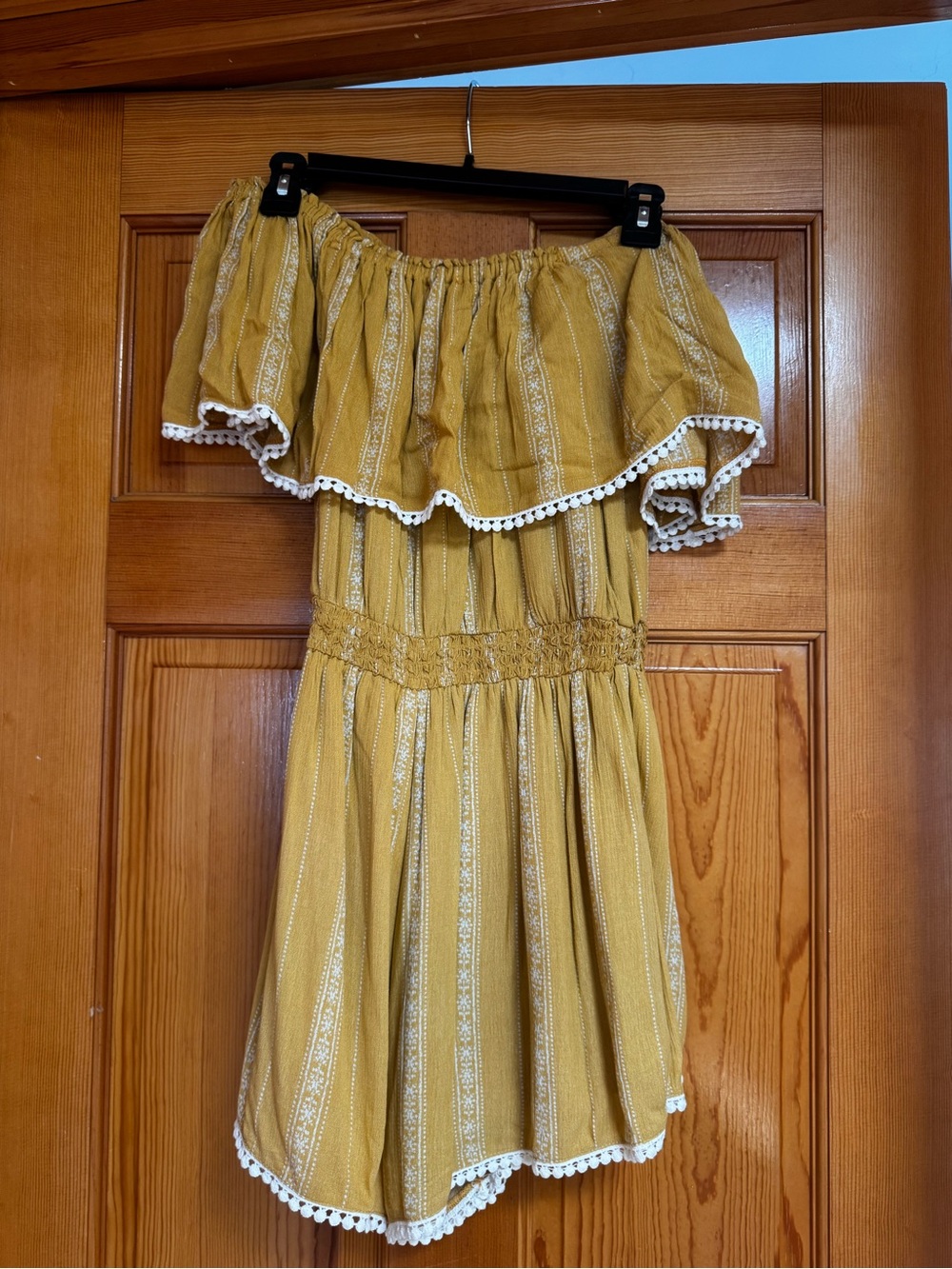 Mustard Off-Shoulder Romper with Crochet Trim